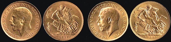George V gold sovereigns, 1911 and 1925.  (2) at Whyte's Auctions
