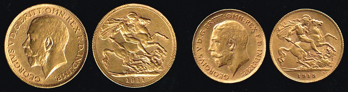 George V gold sovereign, 1911 and half sovereign 1913 (2) at Whyte's Auctions