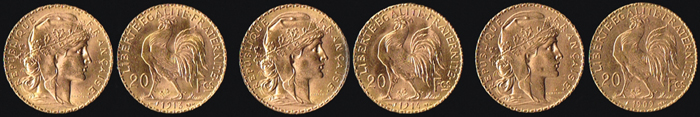 France. Twenty francs gold, 1909, 1913 and 1914. at Whyte's Auctions