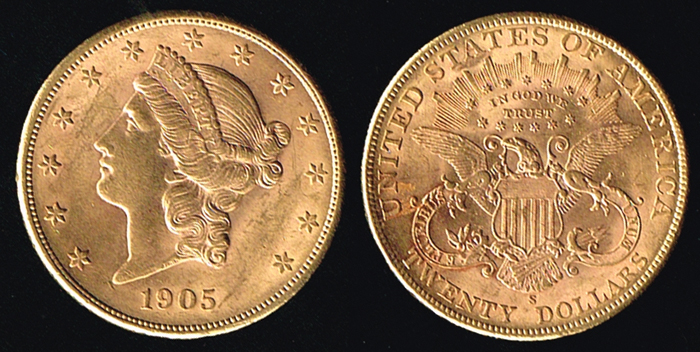 USA. Gold twenty dollars, 1905. at Whyte's Auctions
