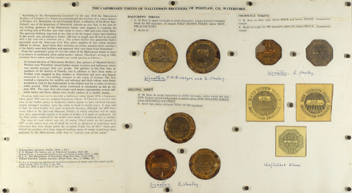 Malcolmson Brothers, Portlaw, Co. Waterford, collection of cardboard tokens, 1854. at Whyte's Auctions