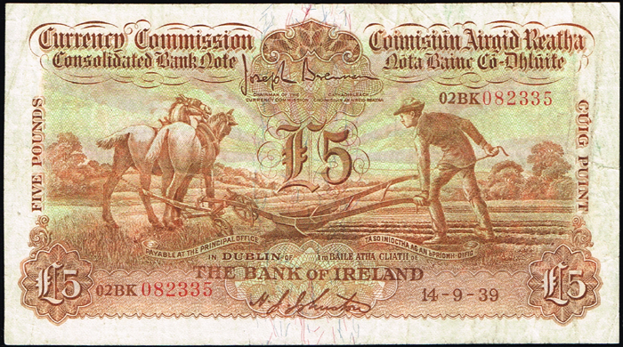 Currency Commission Consolidated Banknote 'Ploughman' Bank of Ireland Five Pounds, 14-9-39. at Whyte's Auctions