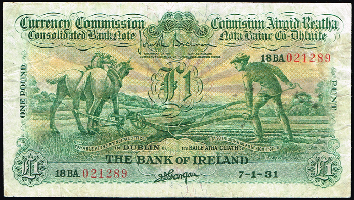 Currency Commission Consolidated Banknote 'Ploughman' Bank of Ireland One Pound, 7-1-31. at Whyte's Auctions