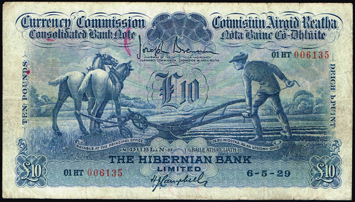 Currency Commission Consolidated Banknote 'Ploughman' Hibernian Bank Ten Pounds 6-5-29. at Whyte's Auctions