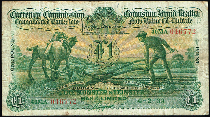 Currency Commission Consolidated Banknote 'Ploughman' Munster & Leinster Bank One Pound 4-2-39 at Whyte's Auctions