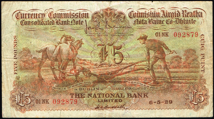 Currency Commission Consolidated Banknote 'Ploughman' National Bank Five Pounds, 6-5-29. at Whyte's Auctions