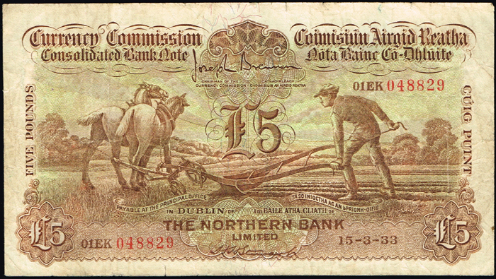 Currency Commission, "Ploughman" Northern Bank Five Pounds 15-3-33. at Whyte's Auctions