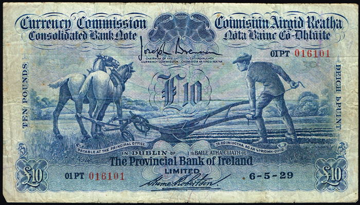 Currency Commission Consolidated Banknote 'Ploughman' Provincial Bank of Ireland Ten Pounds 6-5-29 at Whyte's Auctions