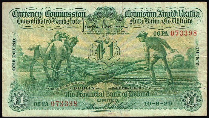 Currency Commission Consolidated Banknote 'Ploughman' Provincial Bank of Ireland One Pound 10-6-29. at Whyte's Auctions