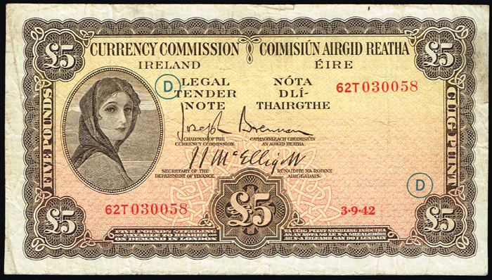 Currency Commission 'Lady Lavery' Five Pounds War Code 3-9-42 at Whyte's Auctions