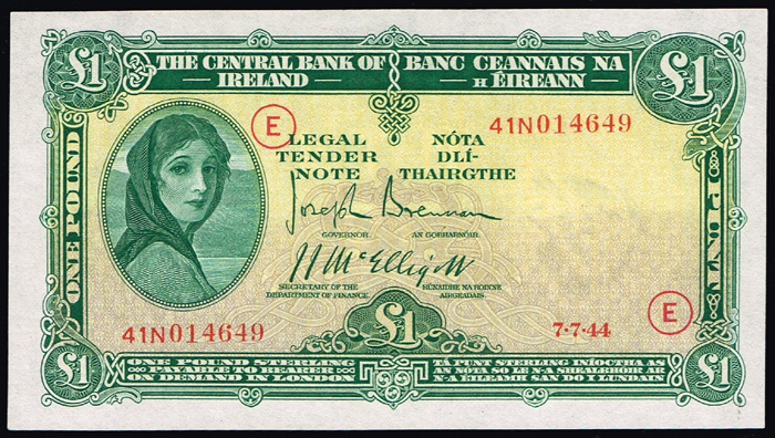Central Bank 'Lady Lavery' One Pound War Code 7-7-44 at Whyte's Auctions