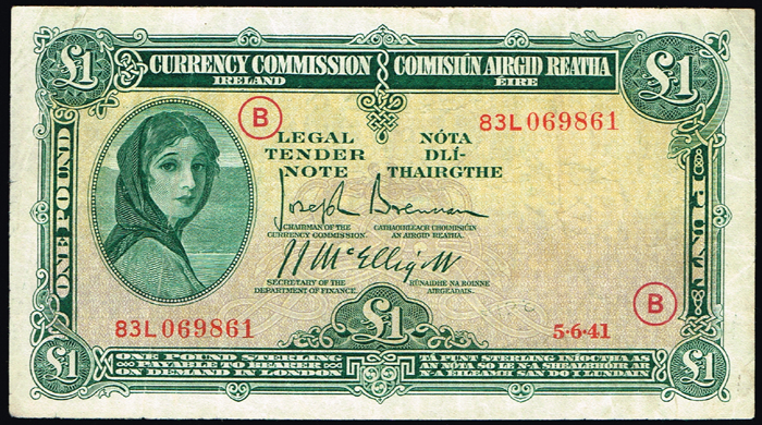 Currency Commission  'Lady Lavery' War Code One Pound 1941 (2) at Whyte's Auctions