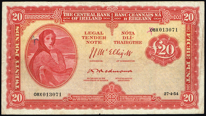 Central Bank 'Lady Lavery' Twenty Pounds 27-4-54. at Whyte's Auctions