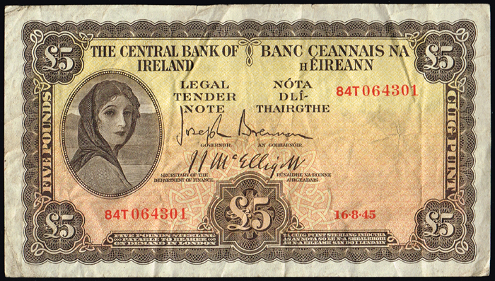 Central Bank 'Lady Lavery' Five Pounds 1945- 49 (10) at Whyte's Auctions