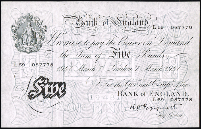 Bank of England Five Pounds, 7 March 1947. at Whyte's Auctions
