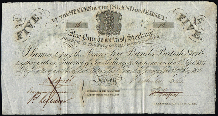 1840 States of The Island of Jersey, Five Pounds Bond at Whyte's Auctions