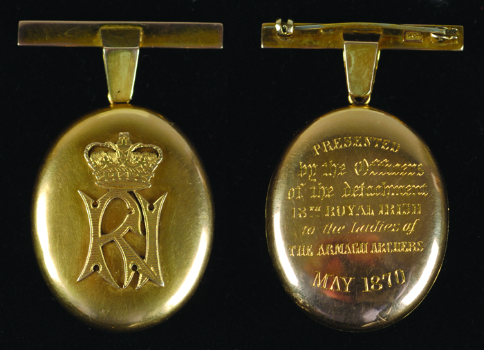 Royal Irish Fusiliers gold locket for The Armagh Ladies Archery Club competition 1870. at Whyte's Auctions