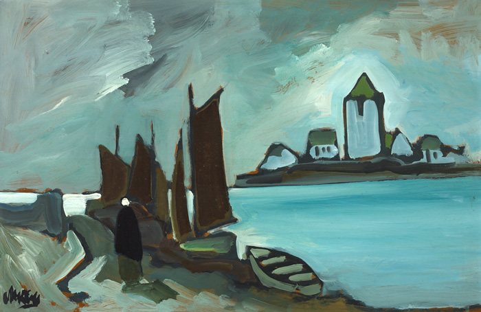 SHAWLIE WITH BOATS AT A RIVERBANK by Markey Robinson (1918-1999) at Whyte's Auctions