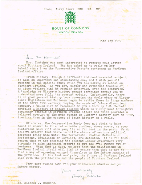 25 May, 1977 Airey Neave letter to a student at Whyte's Auctions