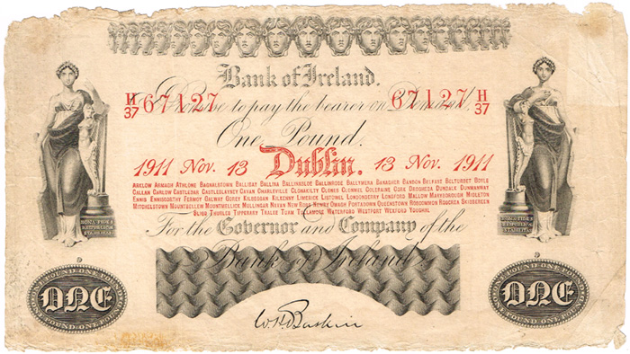 Bank of Ireland Dublin One Pound 13 Nov. 1911. at Whyte's Auctions