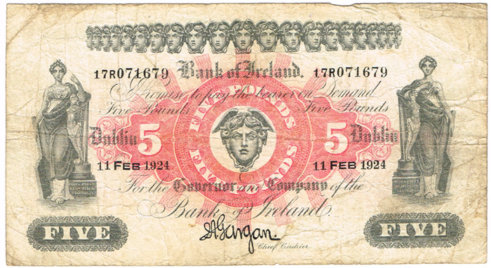 Bank of Ireland Dublin. Five Pounds 11 Feb 1924. at Whyte's Auctions