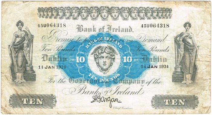 Bank of Ireland Dublin. Ten Pounds, 14 Jan 1924. at Whyte's Auctions