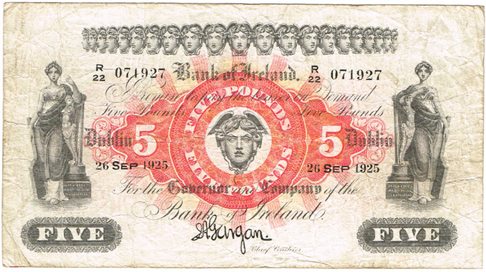 Bank of Ireland Dublin. Five Pounds 26 Sep 1925. at Whyte's Auctions