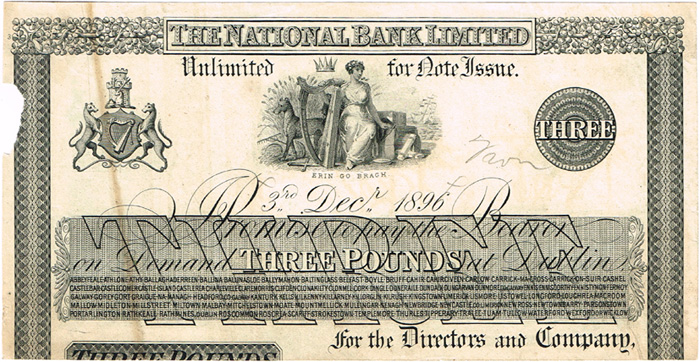 National Bank Three Pounds 3rd Decr 1896, proof and some cheques and foreign notes. at Whyte's Auctions