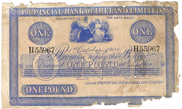 Provincial Bank of Ireland One Pound 1st October 1908 at Whyte's Auctions