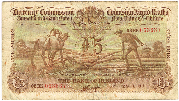 Currency Commission Consolidated Banknote 'Ploughman' Bank of Ireland Five Pounds 29-1-31 at Whyte's Auctions