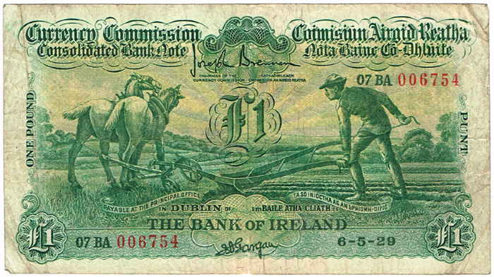 Currency Commission Consolidated Banknote 'Ploughman' Bank of Ireland One Pound, 6-5-29. at Whyte's Auctions