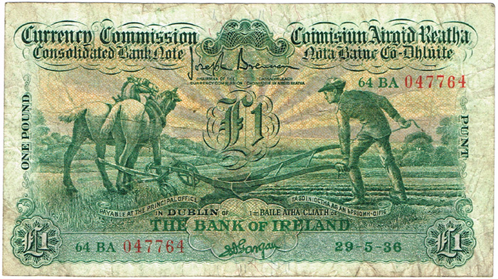 Currency Commission Consolidated Banknote 'Ploughman' Bank of Ireland One Pound 29-5-36 at Whyte's Auctions