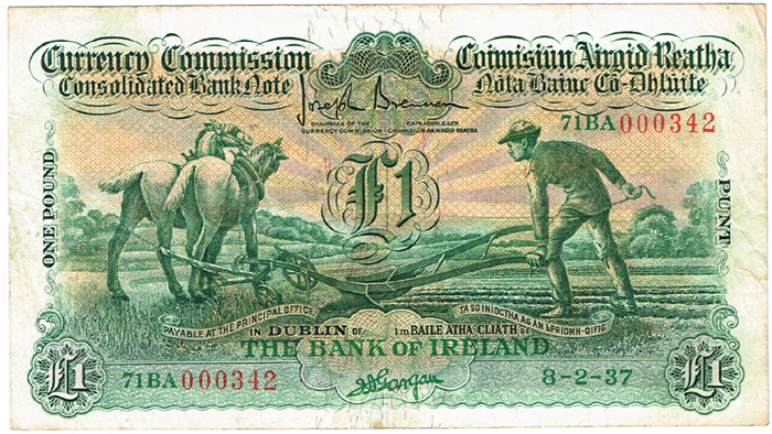 Currency Commission Consolidated Banknote 'Ploughman' Bank of Ireland One Pound 8-2-37 at Whyte's Auctions