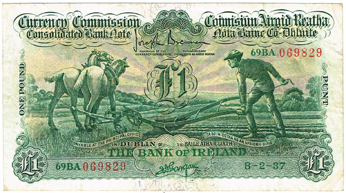 Currency Commission Consolidated Banknote 'Ploughman' Bank of Ireland One Pound 8-2-37 at Whyte's Auctions