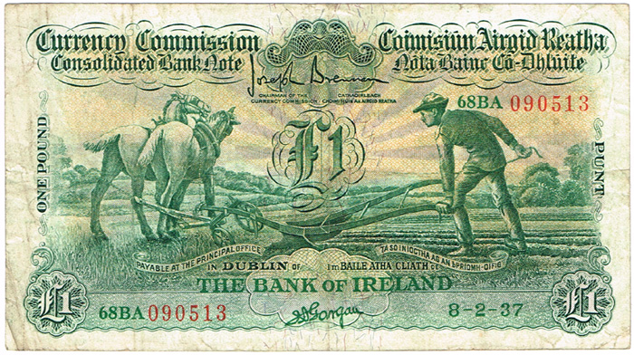 Currency Commission Consolidated Banknote 'Ploughman' Bank of Ireland One Pound 8-2-37. at Whyte's Auctions