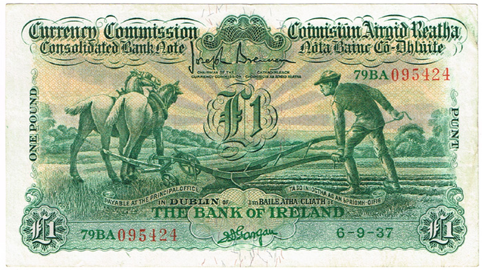 Currency Commission Consolidated Banknote 'Ploughman' Bank of Ireland One Pound 6-9-37. at Whyte's Auctions