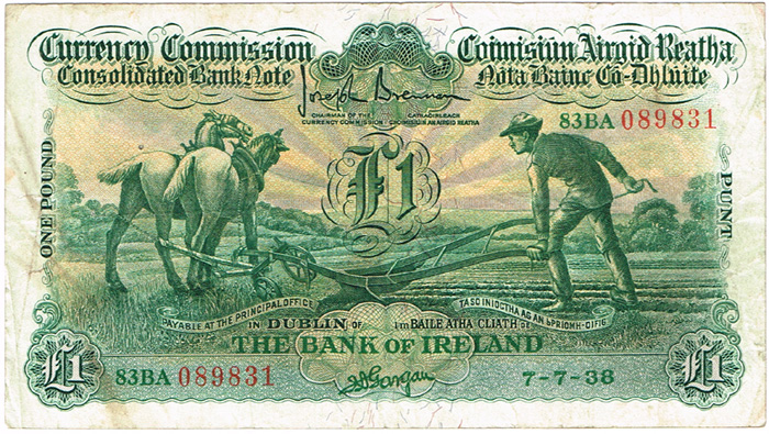 Currency Commission Consolidated Banknote 'Ploughman' Bank of Ireland One Pound 7-7-38 at Whyte's Auctions