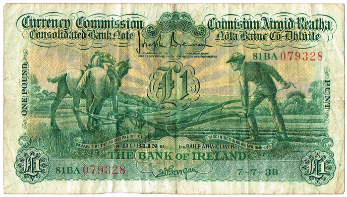 Currency Commission Consolidated Banknote 'Ploughman' Bank of Ireland One Pound, 7-7-38 at Whyte's Auctions