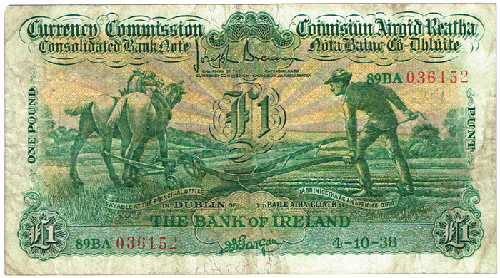 Currency Commission Consolidated Banknote 'Ploughman' Bank of Ireland One Pound 4-10-38 at Whyte's Auctions