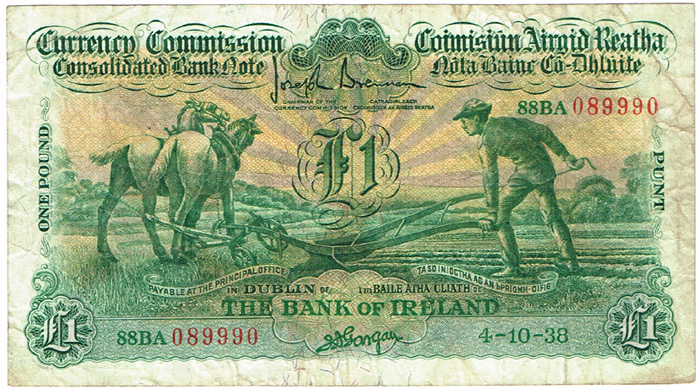 Currency Commission Consolidated Banknote 'Ploughman' Bank of Ireland One Pound 4-10-38. at Whyte's Auctions