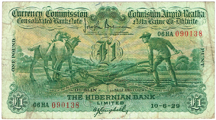 Currency Commission Consolidated Banknote 'Ploughman' Hibernian Bank One Pound 10-6-29. at Whyte's Auctions