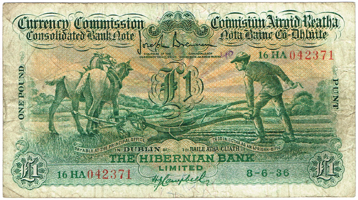 Currency Commission Consolidated Banknote 'Ploughman' Hibernian Bank One Pound, 8-6-36. at Whyte's Auctions