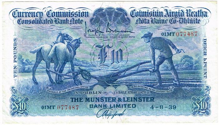 Currency Commission Consolidated Banknote 'Ploughman' Munster & Leinster Bank Ten Pounds 4-8-39. at Whyte's Auctions