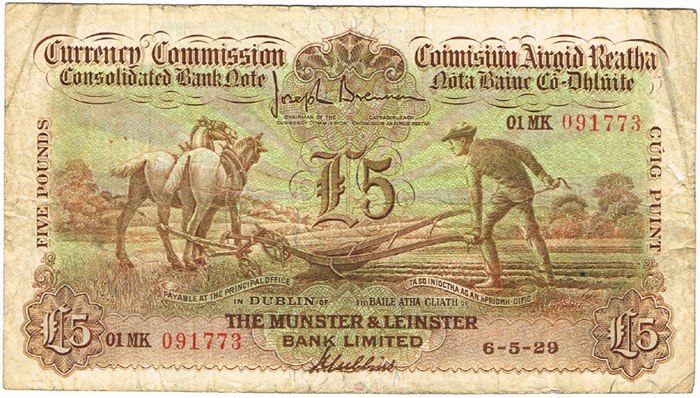 Currency Commission Consolidated Banknote 'Ploughman' Munster & Leinster Bank Five Pounds 6-5-29. at Whyte's Auctions