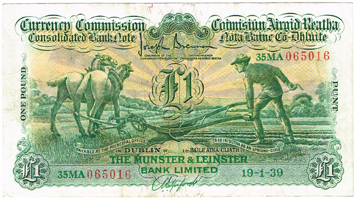 Currency Commission Consolidated Banknote 'Ploughman' Munster & Leinster Bank One pound 19-1-39 at Whyte's Auctions