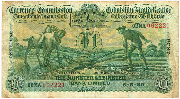 Currency Commission Consolidated Banknote 'Ploughman' Munster & Leinster Bank One Pound 6-5-29. at Whyte's Auctions