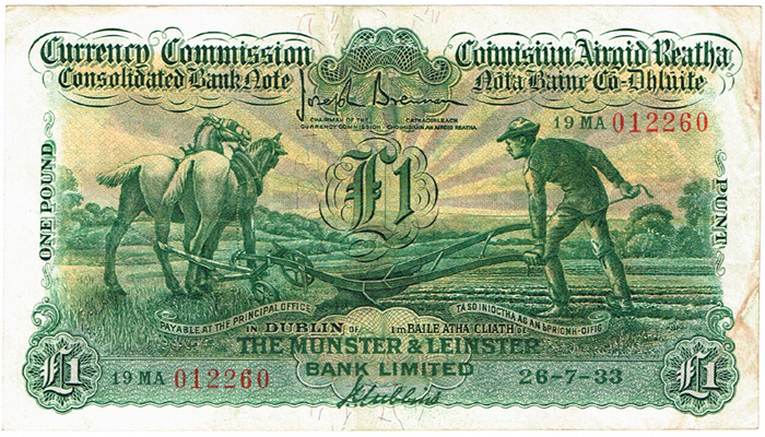 Currency Commission Consolidated Banknote 'Ploughman' Munster & Leinster Bank One Pound 26-7-33. at Whyte's Auctions