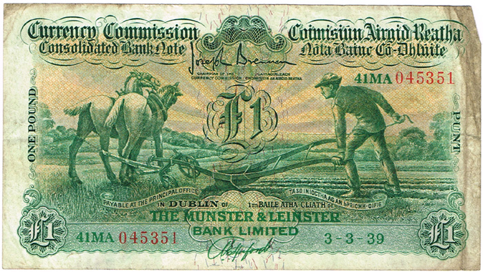 Currency Commission Consolidated Banknote 'Ploughman' Munster and Leinster Bank, One Pound, 3-3-39. at Whyte's Auctions