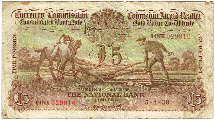 Currency Commission Consolidated Banknote 'Ploughman' National Bank Limited, Five Pounds, 5-1-39. at Whyte's Auctions