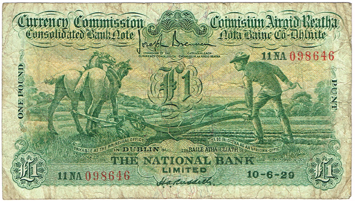 Currency Commission Consolidated Banknote 'Ploughman' National Bank One Pound 10-6-29 at Whyte's Auctions